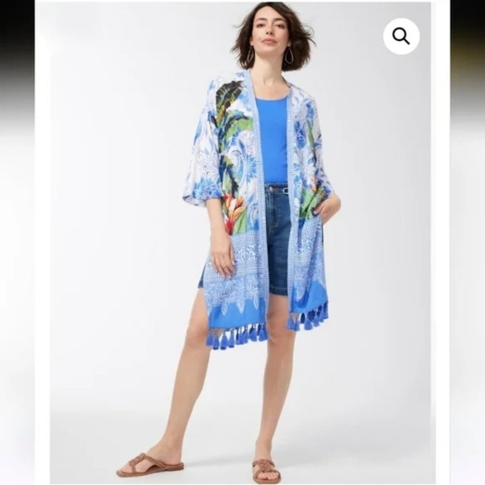 Chico"s Floral Rayon Blue White Tassel Floral Open Beach Cover Up Kimono